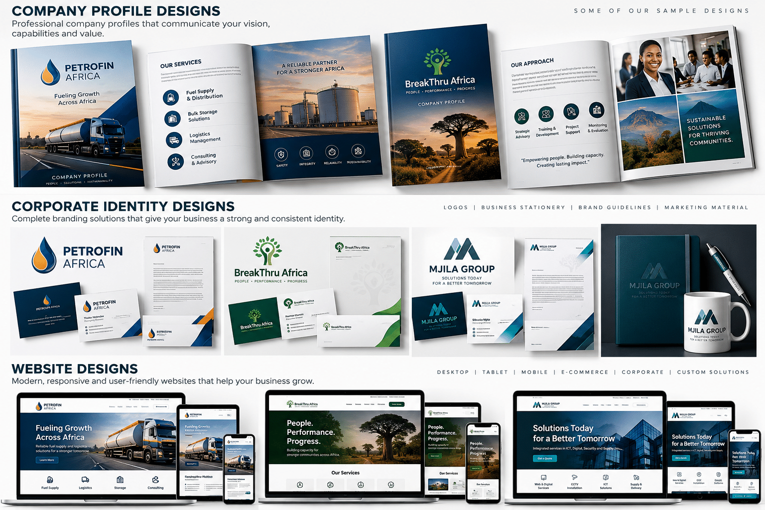 Concept portfolio of company profile, corporate identity and website design samples